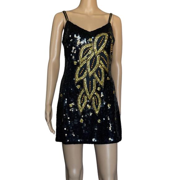Beaded Sequin Womens Mini Dress Bodycon Party Cocktail Evening S/M‎ Black Gold - Picture 1 of 10
